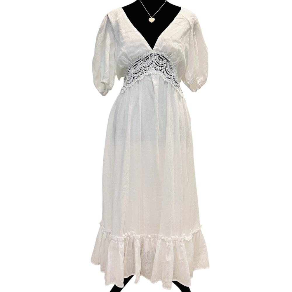 Lulus White Lace Puff Sleeve Backless Midi Dress Size M Romantic